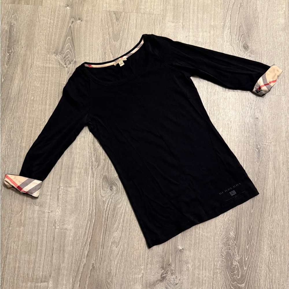 Burberry Black Long Sleeve Top with Plaid Cuffs